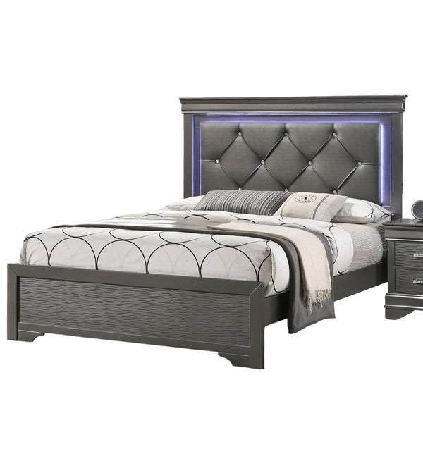 English Elm Dark Gray Tufted Headboard Queen Bed with LED Lights, Faux Leather Diamond Button Design, Elegant Retreat B011S01197