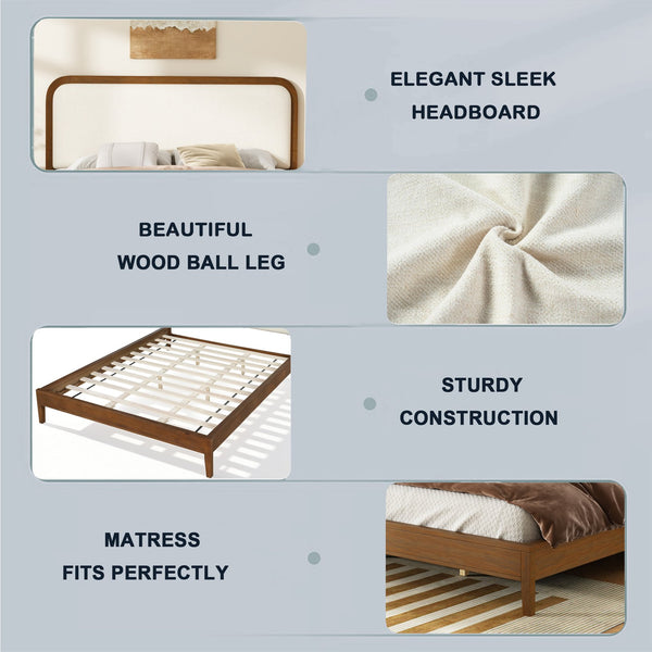 English Elm Queen Solid Acacia Platform Bed Curved Beige Upholstered Headboard Brown Oak Finish N758Q517071N