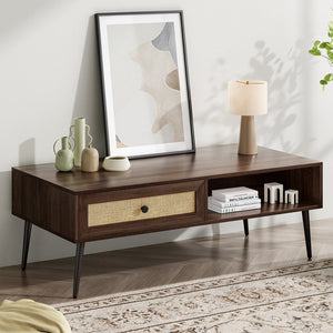 English Elm Mid-Century 47" Rectangular Coffee Table with Rattan Drawer, Open Shelf & Metal Legs for Living Room Walnut T3623P380005