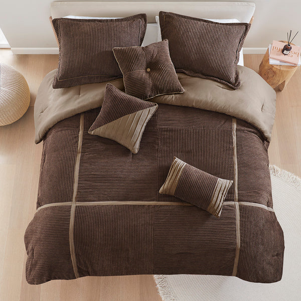 JLA Home Madison Park - 7 Micro Corduroy Comforter Set with Brushed Reverse, Taped Seams & Tailored Shams for Year-Round Cozy Style Brown MP10-8475