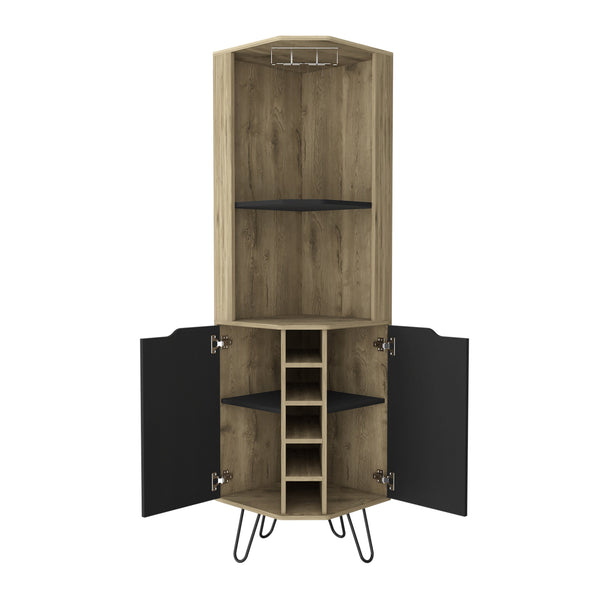 English Elm Corner Corner Cabinet with Six-Bottle Wine Rack, Shelves & Cup Rack in Macadamia/Black — FSC Certified Storage Solution B097S00165