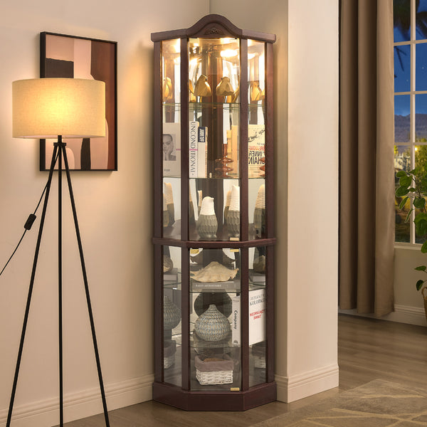 English Elm Lighted Corner Curio Cabinet With Adjustable Shelves, Carved Cherry Finish, Ideal For Home Display W1758P300127