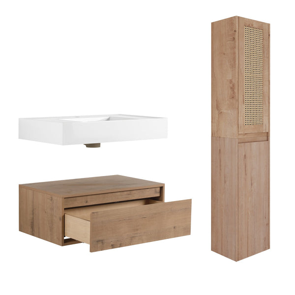 English Elm 30 Inch Wall-Mounted Bathroom Vanity Set With Resin Sink & Soft-Close Drawers For Modern Spaces W999S00350