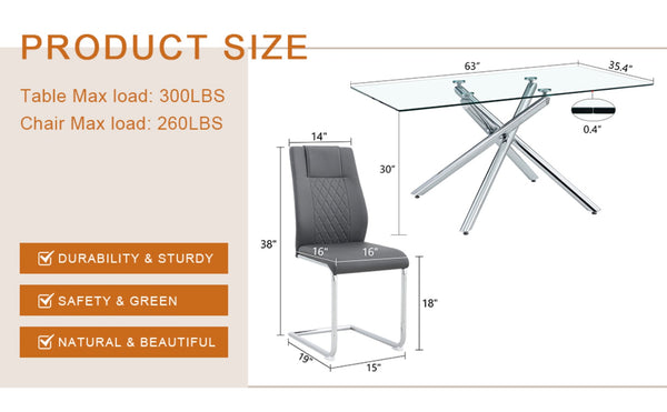 English Elm Table - Modern Luxurious Transparent Glass Dining Set With 6 Dark Gray Pu Chairs & Silver Legs W1151S04130-GIGA