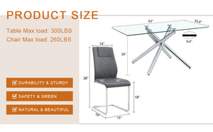 English Elm Table Modern Luxurious Dining Set - Transparent Glass Top With 4 Dark Gray Pu Chairs & Silver Legs W1151S04129-GIGA