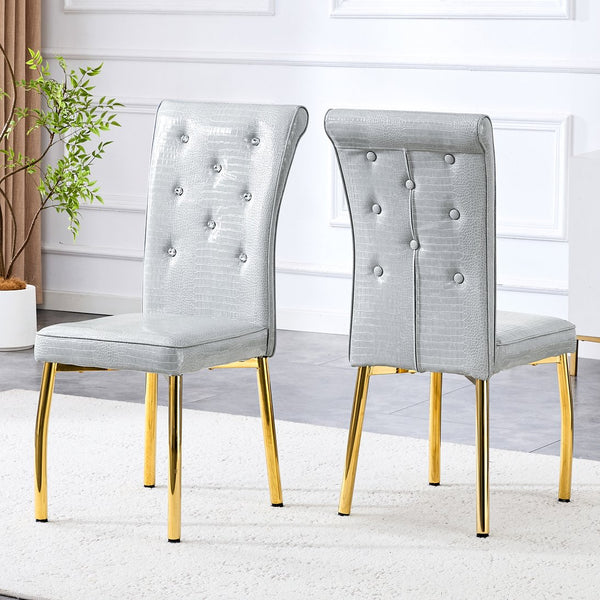 English Elm A Set of 2 Crystal Button Faux Leather Dining Chairs with Embossed Croc Texture Gold,Gray W3226P340256
