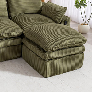English Elm L Shaped Corduroy Modular Sectional with Cloud Cushions Footstool and Lumbar Pillows Emerald W395S00139
