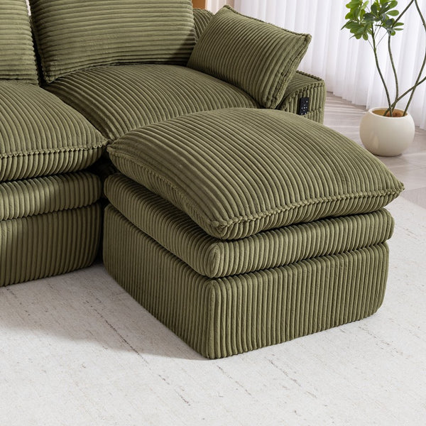 English Elm L Shaped Corduroy Modular Sectional with Cloud Cushions Footstool and Lumbar Pillows Emerald W395S00139
