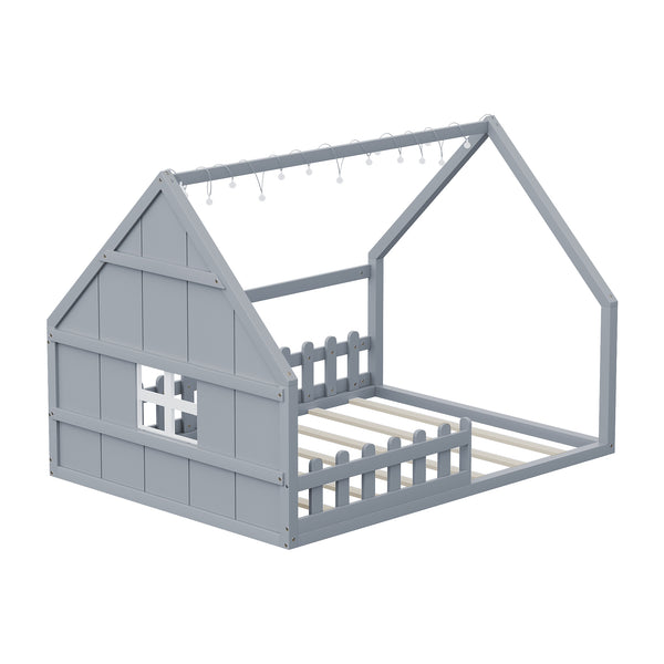 English Elm Full House Bed Frame with Window & Fence Playhouse Design, Sturdy Pine/MDF, Safe 400lb Capacity Gray N709P215545E