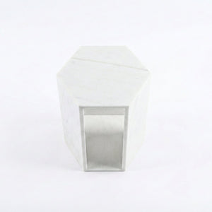 English Elm Genuine Solid Marble Hexagonal Pedestal End Table Polished Stone for Modern Living White W1696P407996