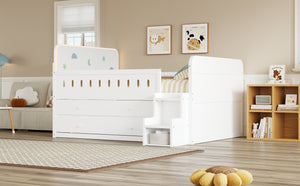 English Elm Wooden Full Bed Frame with Led Headboard Four Storage Drawers and Ladder Shelf White N7090004028K