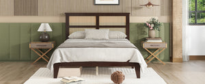 English Elm Full Full Size Bed with Rattan Headboard and Two Underbed Storage Drawers, Rubberwood Slat Support Espresso W504P269605