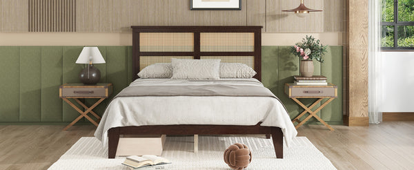 English Elm Full Full Size Bed with Rattan Headboard and Two Underbed Storage Drawers, Rubberwood Slat Support Espresso W504P269605