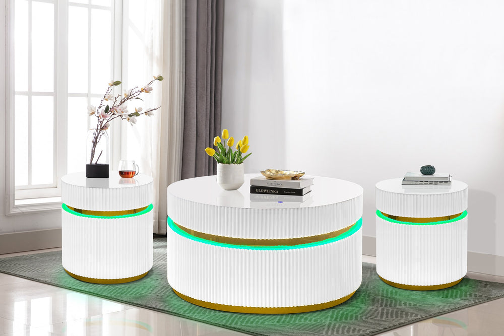English Elm Tavita Glam Three Piece Round Glass Top Tables with Led Glow and Gold Reeded Base B061S00877