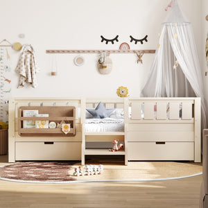 English Elm Twin Kids Storage Bed with Bookshelf Headboard Safety Staircase and Under Drawers Beige W1580P379183