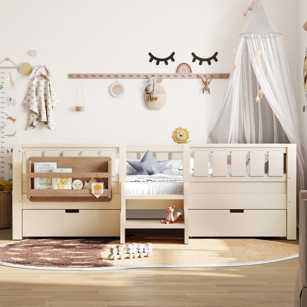 English Elm Twin Kids Storage Bed with Bookshelf Headboard Safety Staircase and Under Drawers Beige W1580P379183