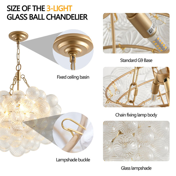English Elm 20-inch Brushed Gold Iron Chandelier Three Clear Globe Shades Ambient Dining Glow W2312P479741
