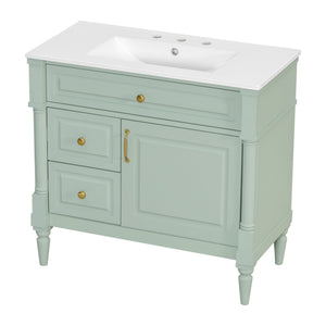 English Elm 36" Freestanding Bathroom Vanity With Stylish Ceramic Basin, Smart Storage & Elegant Green Finish N725P356064F