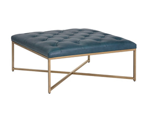 Sunpan ENDALL Ottoman - Luxurious Top-Grain Leather with Antique Brass Base for Elegant Living Spaces Teal 104086