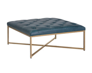 Sunpan Endall Ottoman - Elegant Square Design with Button Tufting Perfect for Coffee Table or Extra Seating Antique Brass / Vintage Peacock Leather