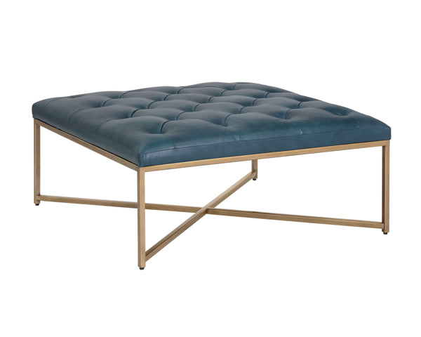 Sunpan Endall Ottoman - Elegant Square Design with Button Tufting Perfect for Coffee Table or Extra Seating Antique Brass / Vintage Peacock Leather