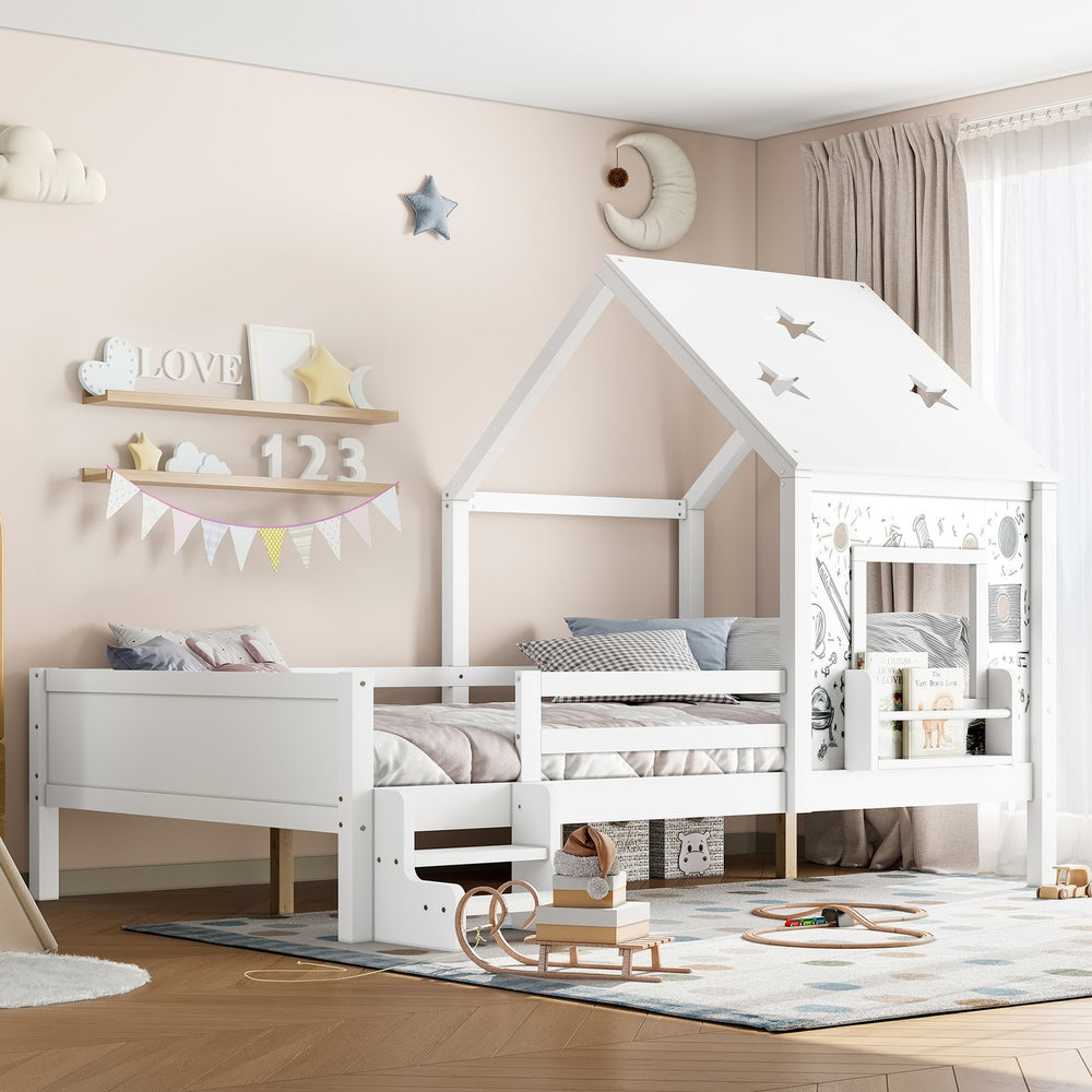 English Elm Full Bunk Bed with Trundle Bookshelf Storage Pine Frame Car Design for Kids Light White W1580S00295