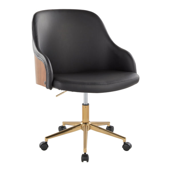 English Elm Office Swivel Chair with Gold Base Walnut Accents and Black Faux Leather Seat B202P474166