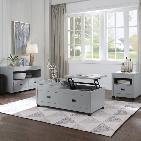 English Elm Dove Grey Storage End Table with Dovetail Drawer, Top Compartment & Round Legs for Durable Style B062P189192