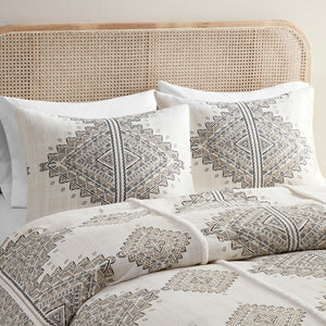 English Elm Full/Queen Boho Printed 4-Piece Duvet Cover Set with Chenille Trim, Geo Print, Throw Pillow Included - OEKO-TEX Certified B035P148371