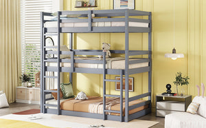 English Elm Triple Rubber Wood Bunk Bed with Built-In Ladders and Guardrails Maximizes Space for Families, Durable Design Grey W504S00174