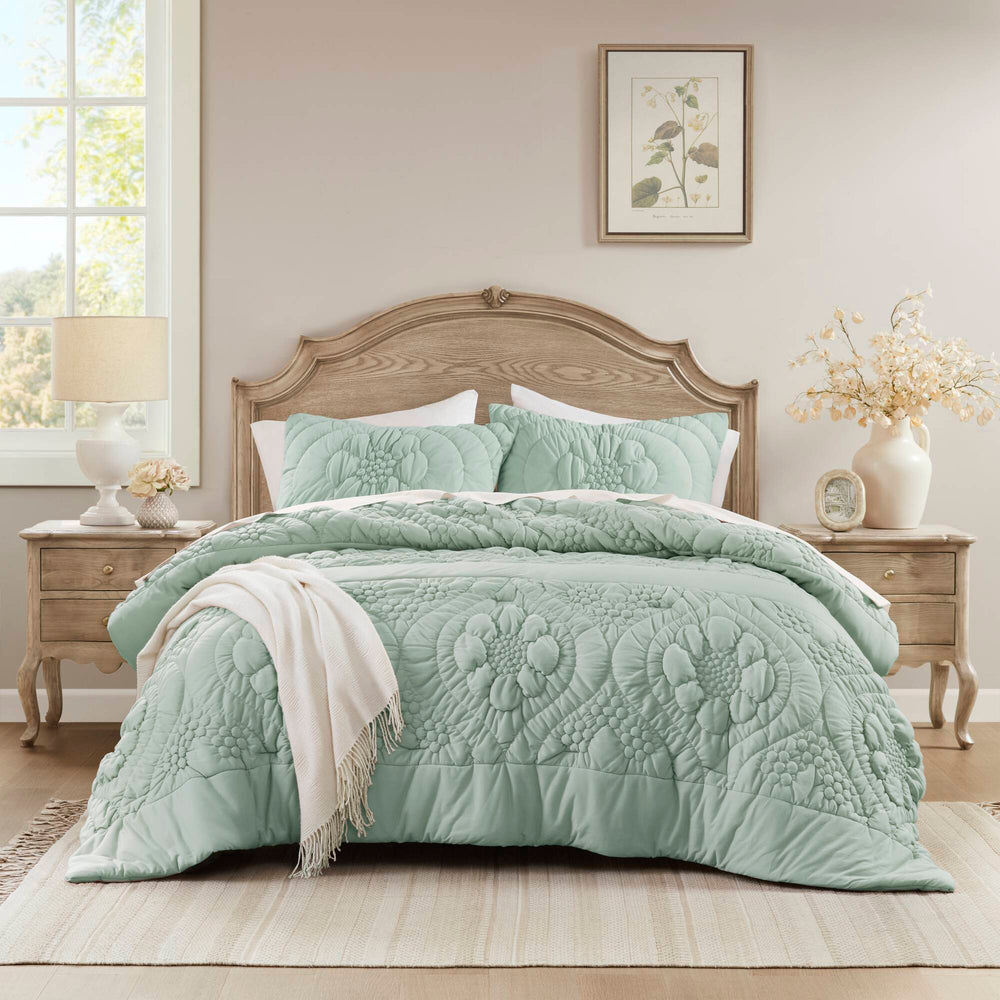 JLA Home Madison Park - Comforter with Floral Quilting, Jersey-Knit Softness, OEKO-TEX Certified Cozy Year-Round Luxury Sage MP10-8675