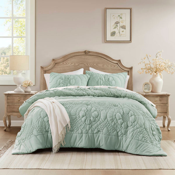JLA Home Madison Park - Comforter Plush Floral-Quilted Cottage Style with Jersey-Knit Softness, OEKO-TEX Certified, Machine-Washable Sage MP10-8677