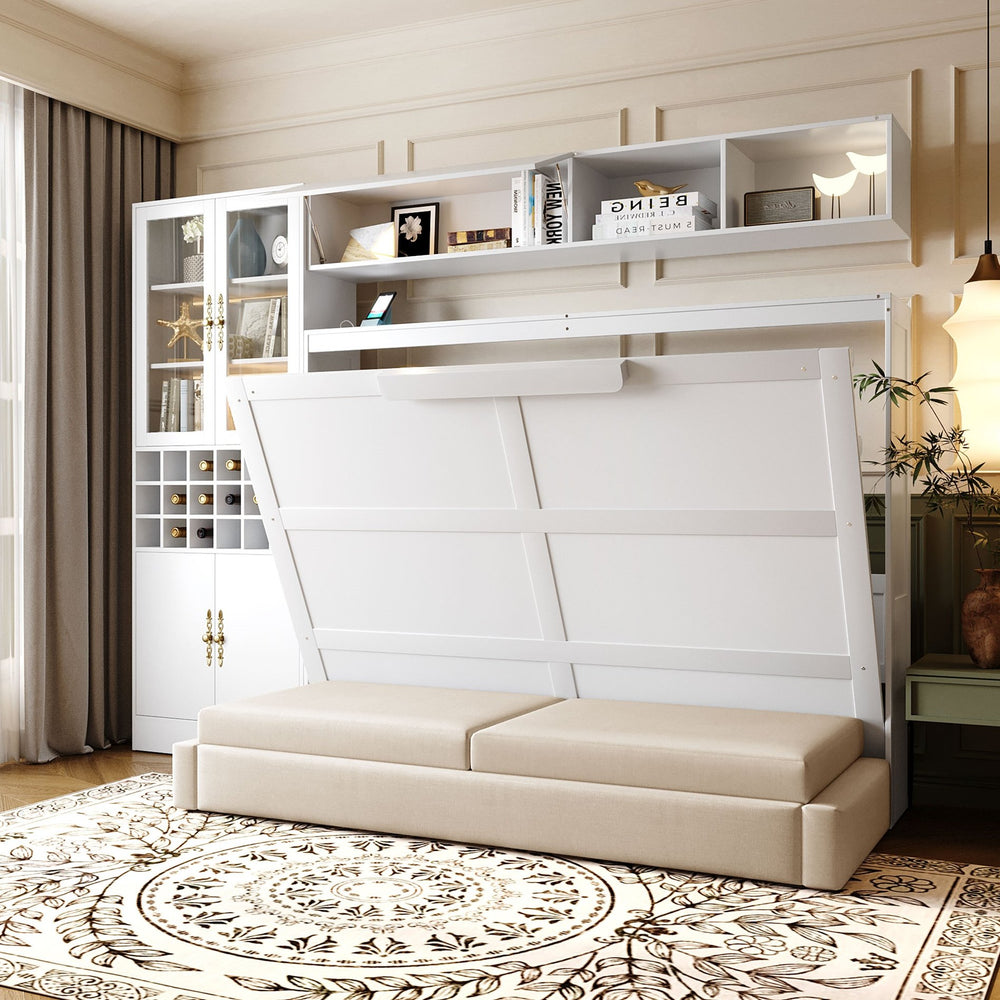 English Elm Full Size Murphy Wall Bed with Linen Sofa Integrated Shelving Usb Charging and Lighting LP000763AAK
