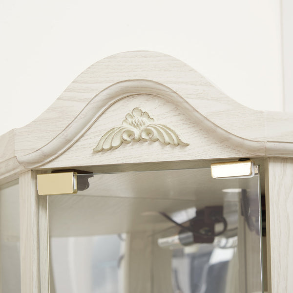 English Elm Lighted Corner Curio Cabinet With Adjustable Shelves, Elegant Carved Design & Integrated Lighting - White W1758P300128