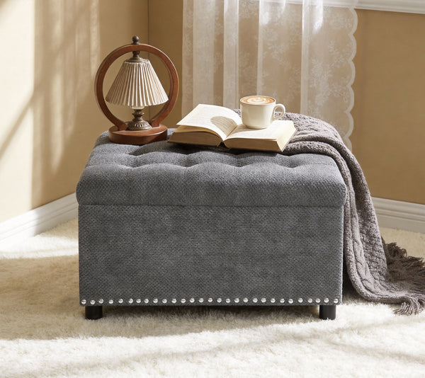English Elm Storage Ottoman Tufted Nailhead Trim Lift Top Footstool for Living Room or Bedroom Light Gray W5568P447080