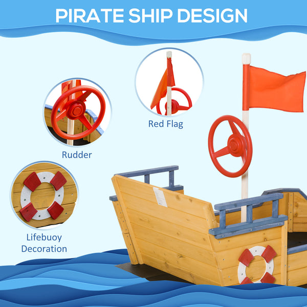 English Elm Outsunny Cedar Wood Pirate Ship Sandbox with Bench Seating and Storage for Kids W2225P217337
