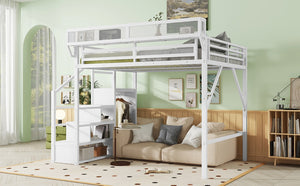 English Elm Queen Size Loft Bed With Stairs & Storage Shelves - Stylish Metal Frame For Kids & Teens, White W2580S00031-GIGA