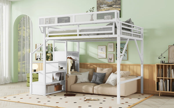 English Elm Queen Size Loft Bed With Stairs & Storage Shelves - Stylish Metal Frame For Kids & Teens, White W2580S00031-GIGA