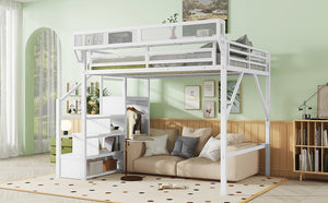 English Elm Queen Metal Loft Bed with Wardrobe Stairs and Mesh Shelves for Teen Bedroom W2580S00057