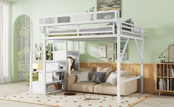 English Elm Queen Metal Loft Bed with Wardrobe Stairs and Mesh Shelves for Teen Bedroom W2580S00057