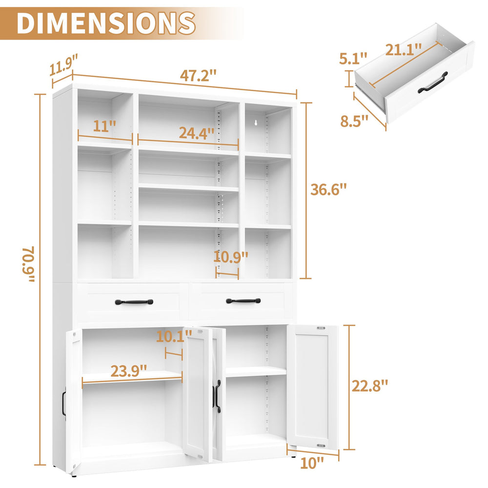 English Elm 71" Tall Metal Bookcase with Open Shelves Drawers and Cabinet Doors for Modern Office T2398S00001