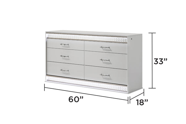 English Elm Glam 6-Drawer LED Dresser with Crystal Accents, Red Velvet Lined Top Drawers, High-Gloss White Lacquer Finish and Silver Hardware — Modern Glamorous Storage (60"W x 18"D x 33"H) B009P243212