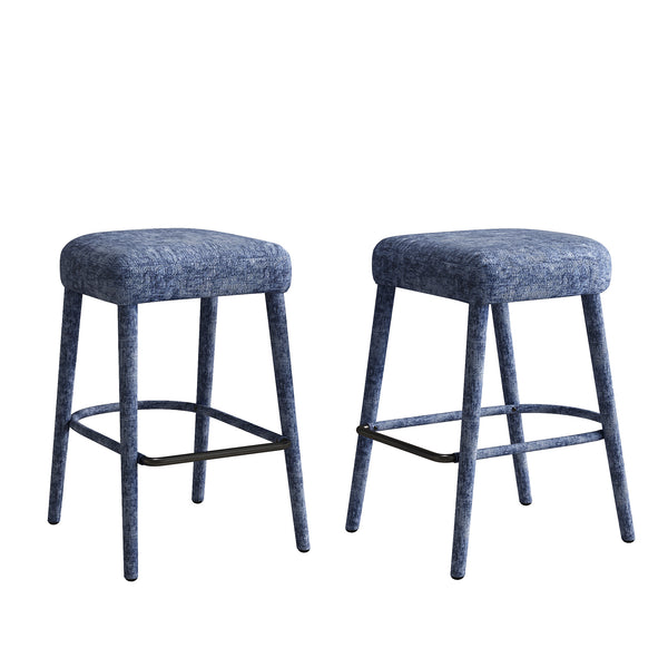 English Elm Backless Blue Fabric Upholstered Counter Stools Set of Two with Padded Seat Footrest Light Blue W5096P400664