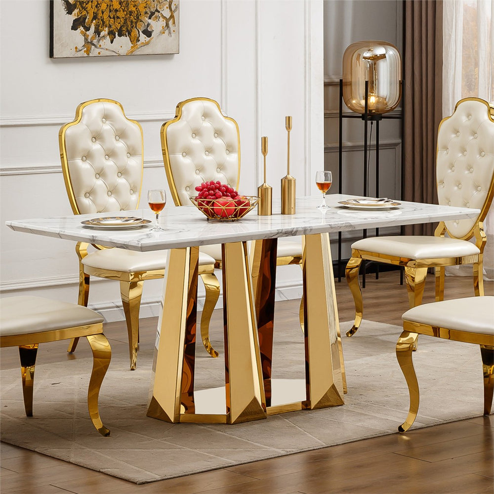 English Elm Marble Dining Table For 6-8 People, Modern Rectangular Faux Marble Top With Chrome Base Design W3456S00040
