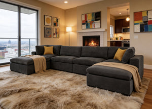 English Elm Modular Cloud Sectional Sofa Deep Seat U-shape Design for Large Living Rooms Dark Grey W5568S00008