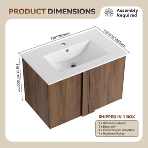 English Elm 30" Floating Bathroom Vanity Dark Oak Cabinet Ceramic Sink Open Shelf Soft Close Brown Ebony,Glossy White W3450P435839
