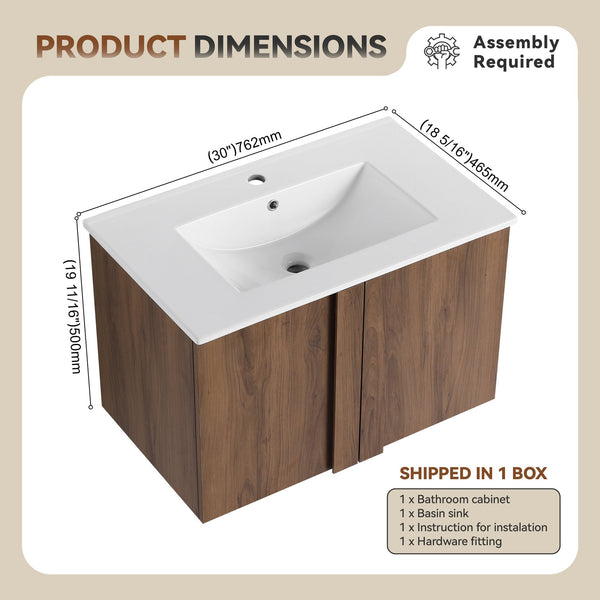 English Elm 30" Floating Bathroom Vanity Dark Oak Cabinet Ceramic Sink Open Shelf Soft Close Brown Ebony,Glossy White W3450P435839