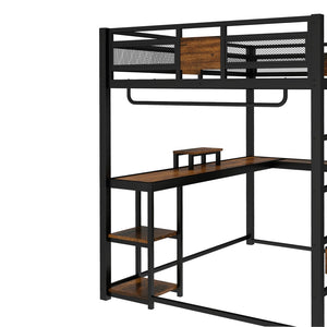 English Elm Queen Loft Bed With Workspace And Storage - Heavy-Duty Metal Frame, Noise-Free Design, Stylish Black W1580S00223-GIGA