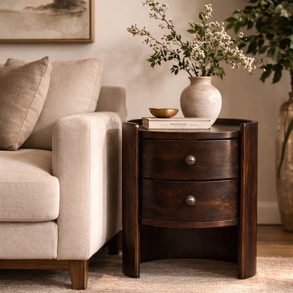 English Elm Solid Wood Round Side Table Handcrafted Mocha Finish for Living Room or Bedroom B182P490933