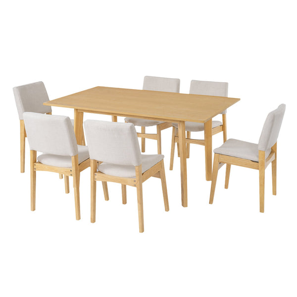 English Elm 7-piece Rectangular Rubberwood Dining Set with Six Linen Upholstered Stackable Chairs Natural N752S000018N